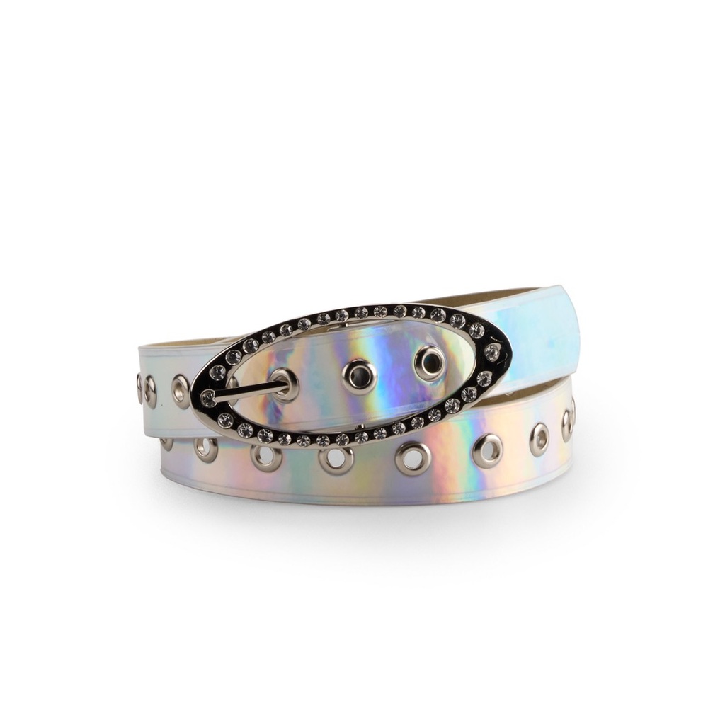 🤍✨ NWT Madden Girl Holographic Belt Rhinestone Buckle White Silver Medium